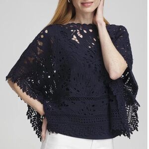 Chico's Cotton Crochet Poncho Navy‎ Sz S M NWT